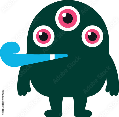 Whimsical creature with multiple eyes and a blue pipe in a flat, playful vector illustration