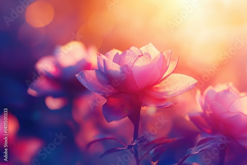Pink peonies bathed in warm sunset light, a breathtaking floral scene.