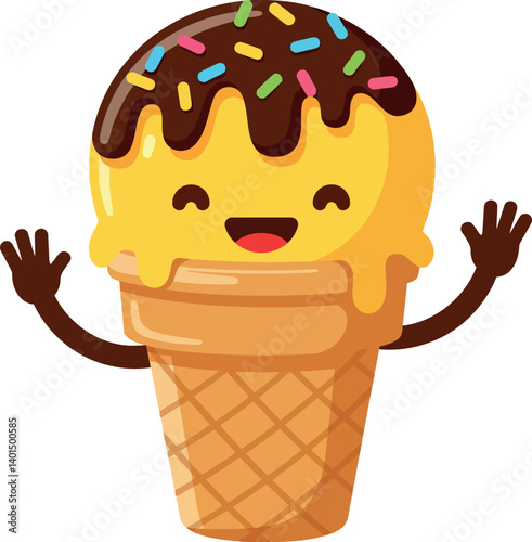 Happy cartoon ice cream cone character with chocolate topping and colorful sprinkles in flat vector art