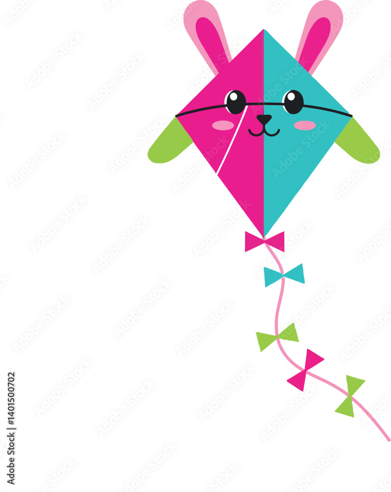 Colorful rabbit-shaped kite with playful features in a flat vector illustration Colorful rabbit-shaped kite with playful features in a flat vector illustration