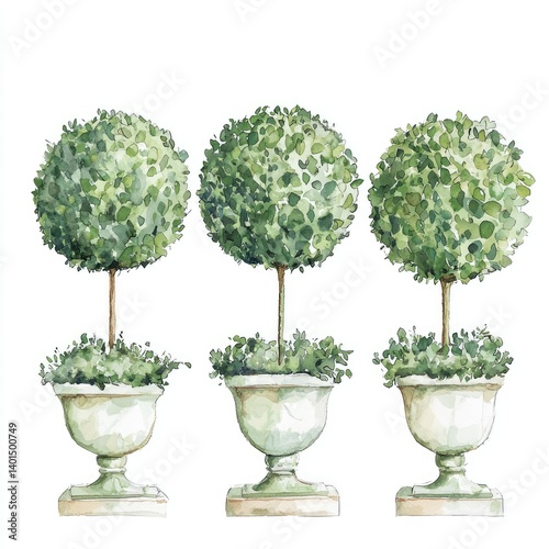 Three topiary trees in elegant urns