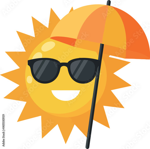 Cheerful sun character wearing sunglasses and holding an umbrella in flat vector art