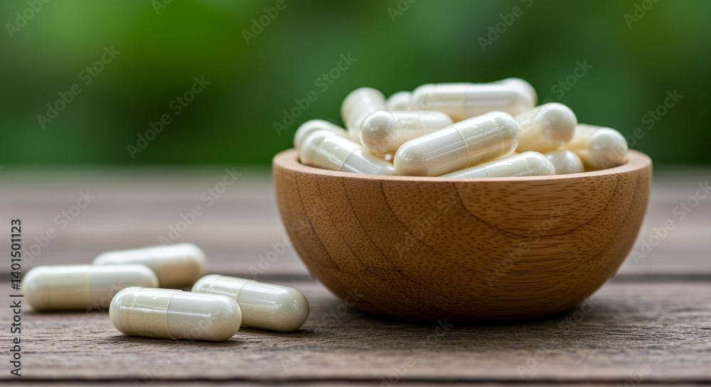 Capsules in wooden bowl on wooden table with green background shows medicine and health supplements for healthy lifestyle. White capsules in a wooden bowl for health Capsules in wooden bowl on wooden table with green background shows medicine and health supplements for healthy lifestyle. White capsules in a wooden bowl for health