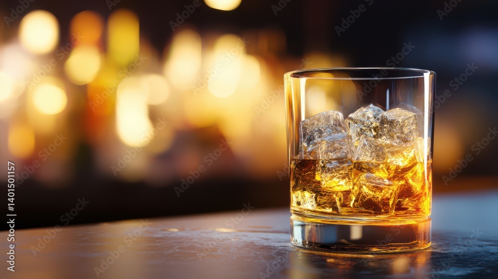 Whiskey glass with ice cubes on a bar counter in a dark night background, with copy space for text