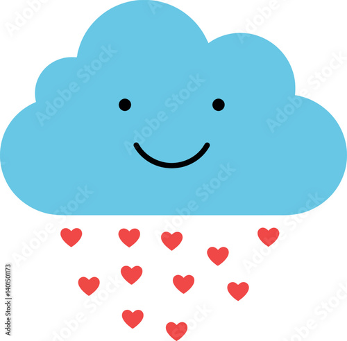 Smiling blue cloud with red heart-shaped raindrops in flat vector illustration