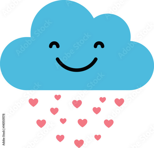 Smiling blue cloud with pink heart raindrops in minimalist flat vector art