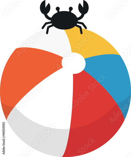 A playful crab sitting atop a colorful beach ball in a flat vector illustration