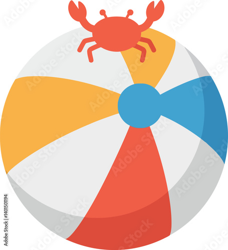 Colorful beach ball with a playful crab illustration in a minimal vector art style