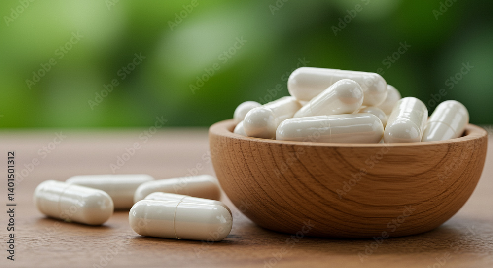 Supplements capsules in wooden bowl on table with blurred green background. White capsules supplements for health and wellness Supplements capsules in wooden bowl on table with blurred green background. White capsules supplements for health and wellness