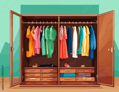 Open Closet with Clothes and Hangers – Vector Illustration of Storage