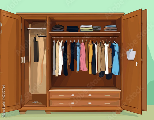 Open Closet with Clothes and Hangers – Vector Illustration of Storage