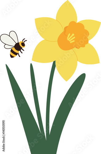 Bright yellow daffodil flower with buzzing bee in flat design vector art