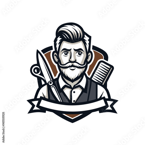 vintage barber mascot logo icon with comb and scis vector illustration