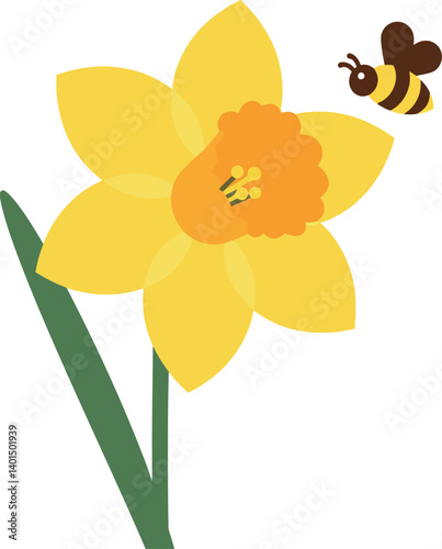 Bright yellow daffodil flower with a buzzing bee in a flat vector illustration
