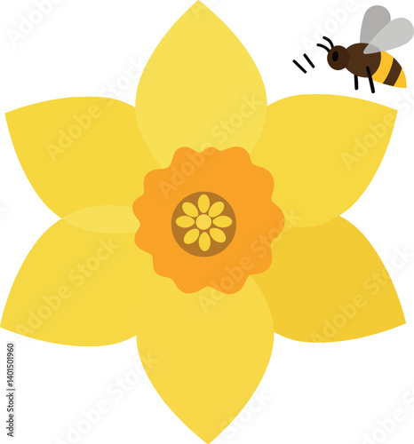 Bright yellow daffodil flower with buzzing bee in flat vector illustration