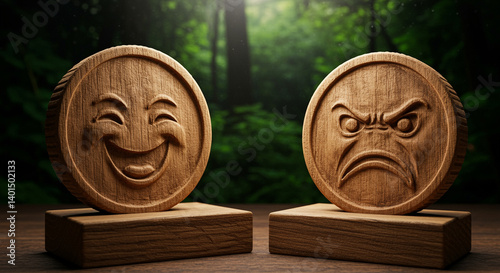 Wooden tokens with happy and angry emotions carved on them stand on wooden stands in a forest setting. The tokens are made of wood and have a natural rustic appearance