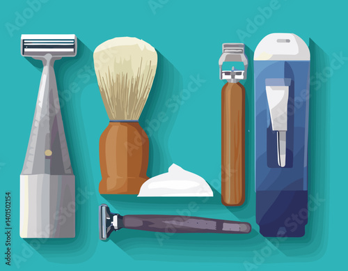Flat Vector Set of Shaving Tools – Razor, Brush, Shaving Cream