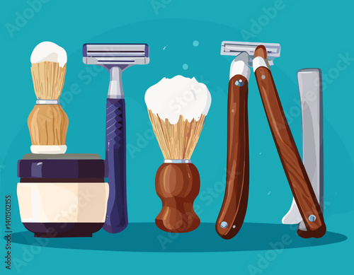 Flat Vector Set of Shaving Tools – Razor, Brush, Shaving Cream