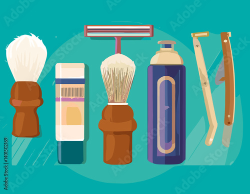 Flat Vector Set of Shaving Tools – Razor, Brush, Shaving Cream