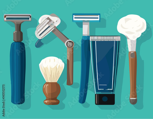 Flat Vector Set of Shaving Tools – Razor, Brush, Shaving Cream