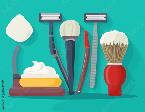 Flat Vector Set of Shaving Tools – Razor, Brush, Shaving Cream