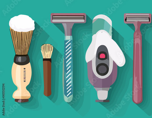 Flat Vector Set of Shaving Tools – Razor, Brush, Shaving Cream