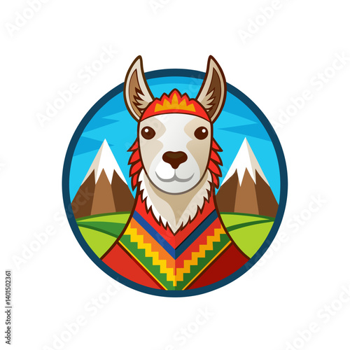 llama mascot logo in peruvian travel style vector illustration