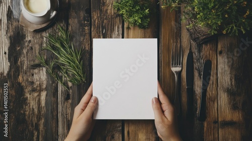 Hand holding a blank menu sheet, set on a rustic wooden restaurant table with cutlery and a plant, ideal for restaurant mockup designs