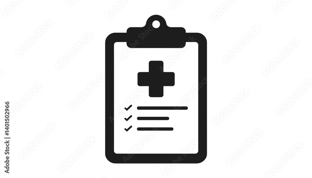 Medical clipboard icon with checklist and cross symbol in black Medical clipboard icon with checklist and cross symbol in black
