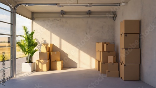 Organized Garage Space with Cardboard Boxes, Green Plant, Concrete Walls, and Sunlight Streaming Through Partially Open Door