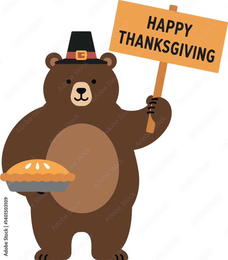 Cute bear holding a Thanksgiving pie and sign in flat vector illustration Cute bear holding a Thanksgiving pie and sign in flat vector illustration