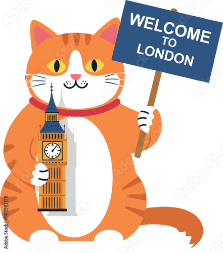 A cheerful orange cat holding a welcome sign with Big Ben in a flat vector illustration