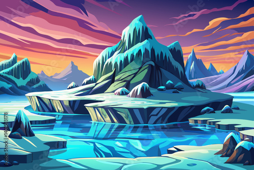 Mountains peak view snowy landscape with frozen lake, vector illustration background, snow high alp mountain