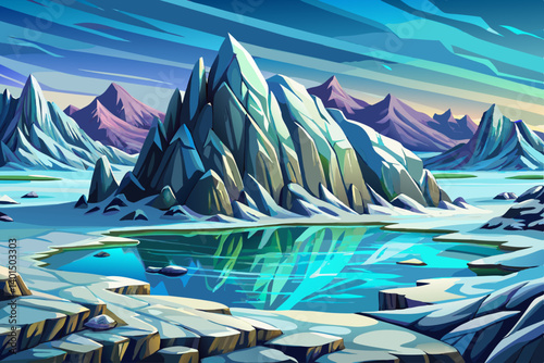 Mountains peak view snowy landscape with frozen lake, vector illustration background, snow high alp mountain