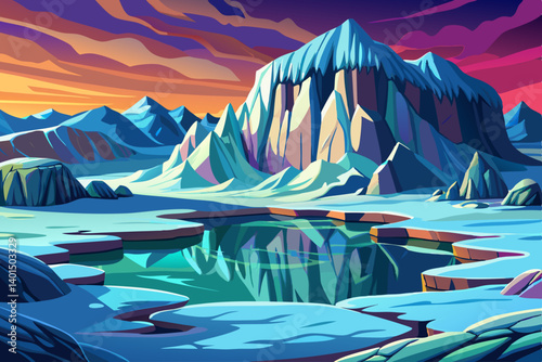 Mountains peak view snowy landscape with frozen lake, vector illustration background, snow high alp mountain