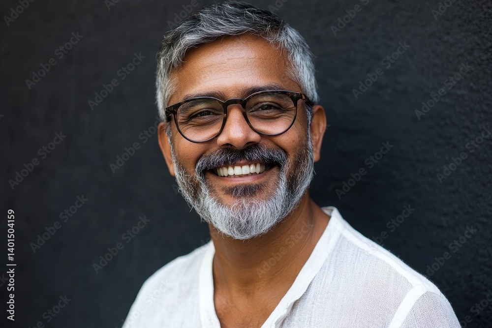 Obraz premium Cheerful Middle-Aged Indian Man Embracing Style with a Bright Smile in a Captivating Background
