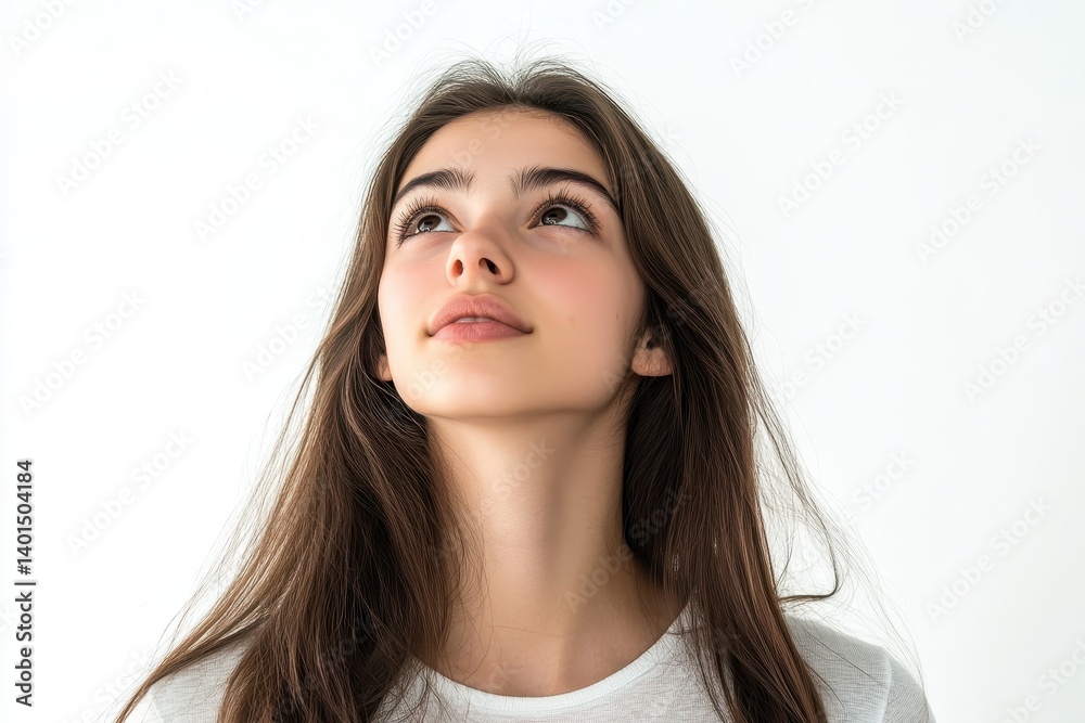 Cheerful Young Brunette Woman Gazing Upwards Against a Bright White Backdrop in Studio Setting Cheerful Young Brunette Woman Gazing Upwards Against a Bright White Backdrop in Studio Setting