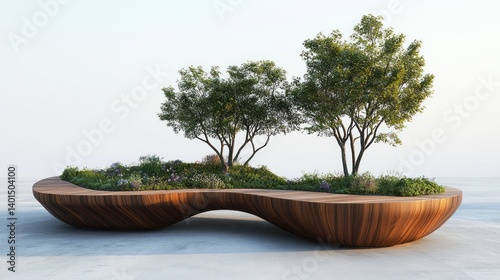 Innovative urban seating design featuring integrated trees and greenery, perfect for public spaces and parks, blending nature with modern style.