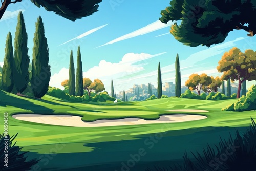 A scenic landscape of a golf course with well-maintained grass, sand traps, and tall trees, creating a perfect backdrop for a challenging game of golf.