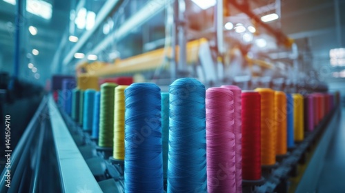 Inside a modern textile factory, colorful threads wind on many reels, with machines in a long row, operated by workers in protective gear. The spacious