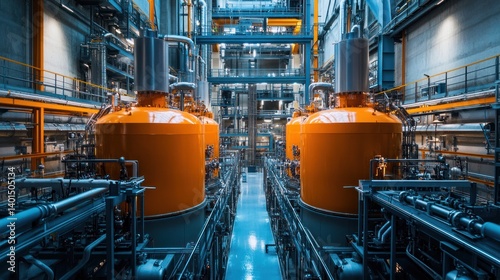 Inside a modern nuclear power plant, two orange small modular reactors are centrally located amidst high-tech equipment and pipes. The clean and efficient setup symbolizes the future of clean energy.