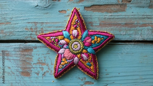Intricate embroidered star patch in vibrant colors, finely crafted for decorating clothing, accessories, or creating standout artistic pieces.