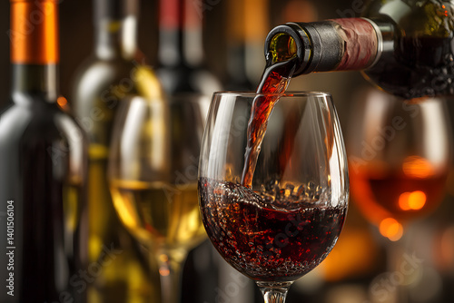 Red wine flows into an elegant glass, surrounded by an array of bottles on a softly lit table during an evening gathering. The atmosphere is warm and inviting, perfect for socializing.