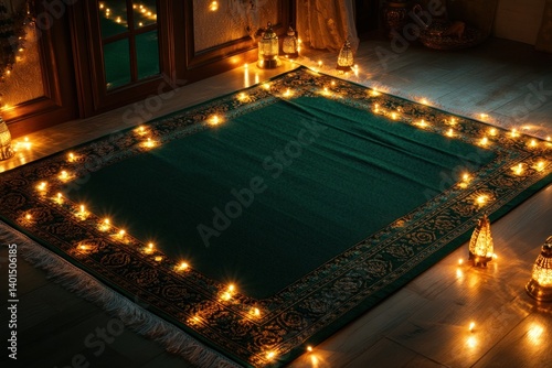 Islamic green prayer mat, beautifully laid out for Ramadan prayers, with soft lighting creating a peaceful and spiritual atmosphere