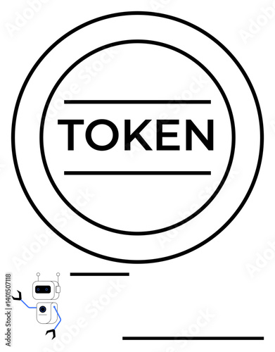 Bold circular token outline with TOKEN text in the center, paired with a small, cartoon robot. Ideal for blockchain, cryptocurrency, technology, branding, tokenization, data exchange or finance