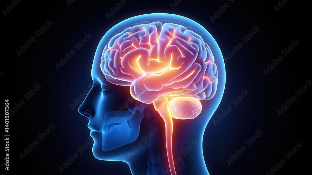 Obraz premium Human brain anatomy side view with highlighted areas, medical textbook illustration, neuroscience research, educational presentation, healthcare article, scientific visualization