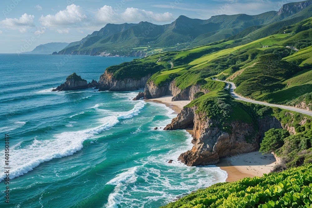 Fototapeta premium Picturesque Coastal Escape with Azure Waves and Greenery Highlighting Climate Change Awareness