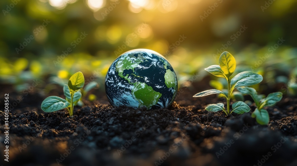 Environmentally friendly practices promote sustainability with globe and young plants during sunset in a vibrant garden Environmentally friendly practices promote sustainability with globe and young plants during sunset in a vibrant garden