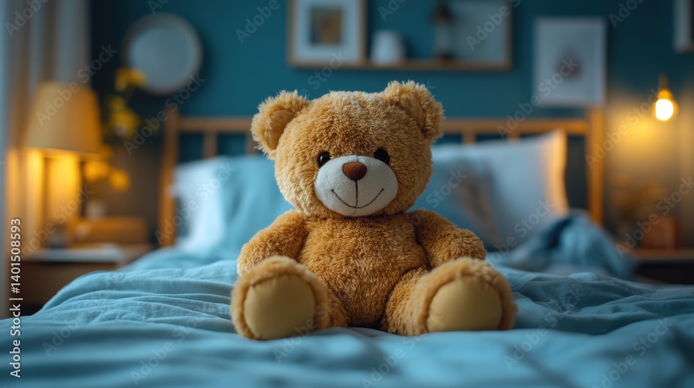 Soft teddy bear sits on a cozy bed, creating a warm and inviting atmosphere in a stylish bedroom at night Soft teddy bear sits on a cozy bed, creating a warm and inviting atmosphere in a stylish bedroom at night