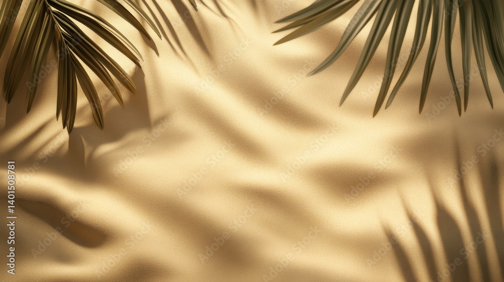 Obraz premium Golden Sand Illuminated by Sunlight Highlights Delicate Palm Leaf Shadows, Evoking a Serene Beach Atmosphere